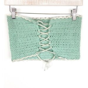 Handmade Crochet Lace Up Strapless Bandeau Top, Blue White - Size‎ S/M